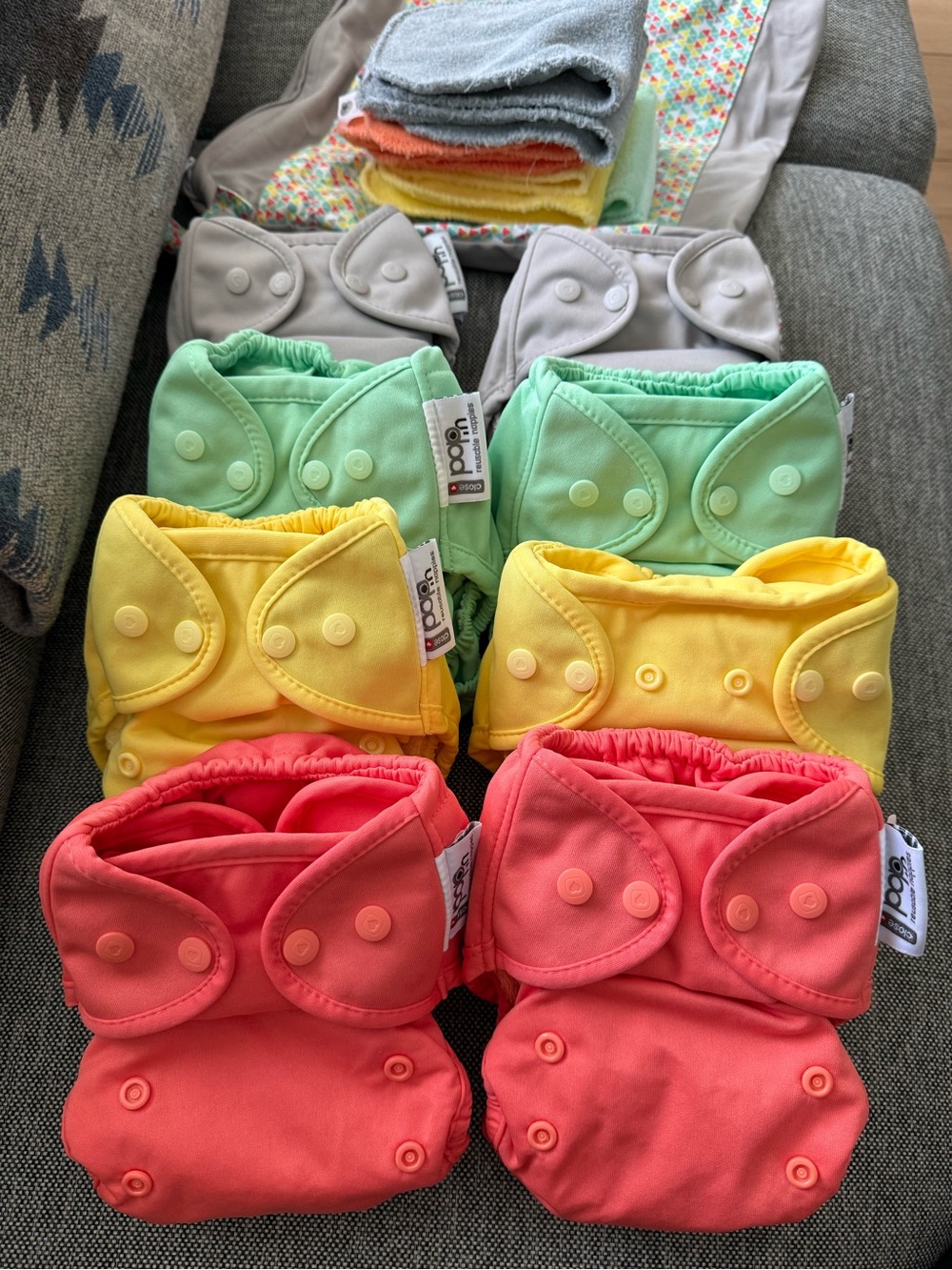 Pop Ins Reusable Cloth Diaper Cover Set - Mint, Yellow, Coral, Grey x 8 and bag